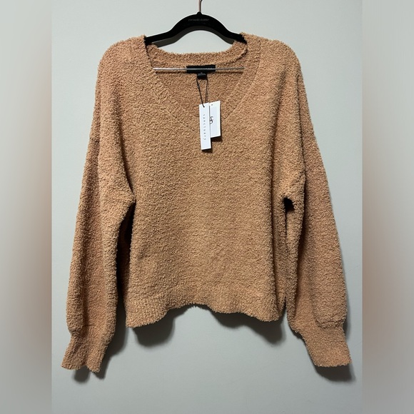 NWT Sanctuary V-neck textured teddy, balloon sleeve pullover sweater XL Camel - Picture 2 of 11